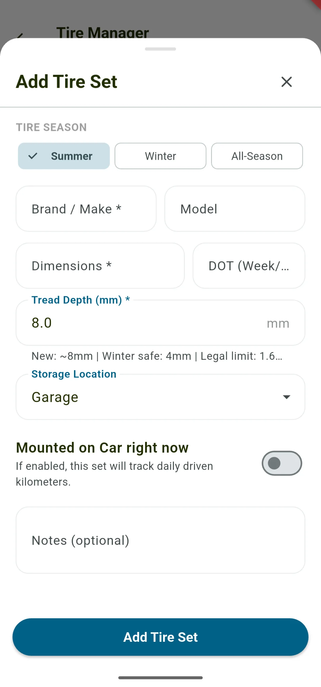 AutoMetric Tire Manager - Add Seasonal Tire Sets and Track Tread Depth