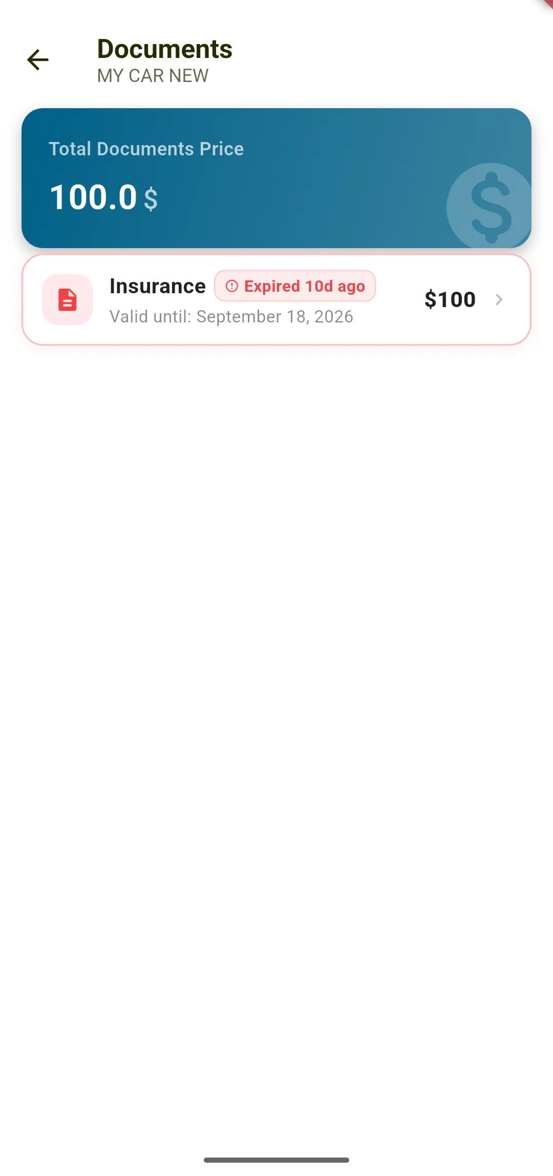 AutoMetric Documents - Insurance Expiry Alert and Total Document Cost